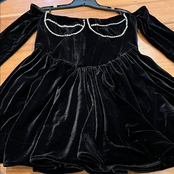 Bardot Dresses & Skirts - Bardot Black Velvet  Dress with crystal Details